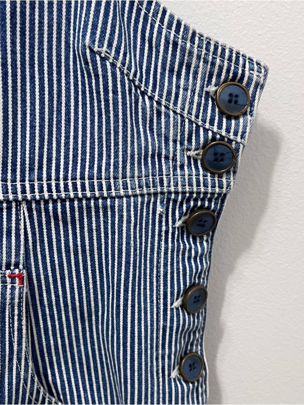 Vintage 90s MANGO Railroad Stripe Denim Pinafore Dress - Made in Canada - Size 7 - Picture 3 of 13